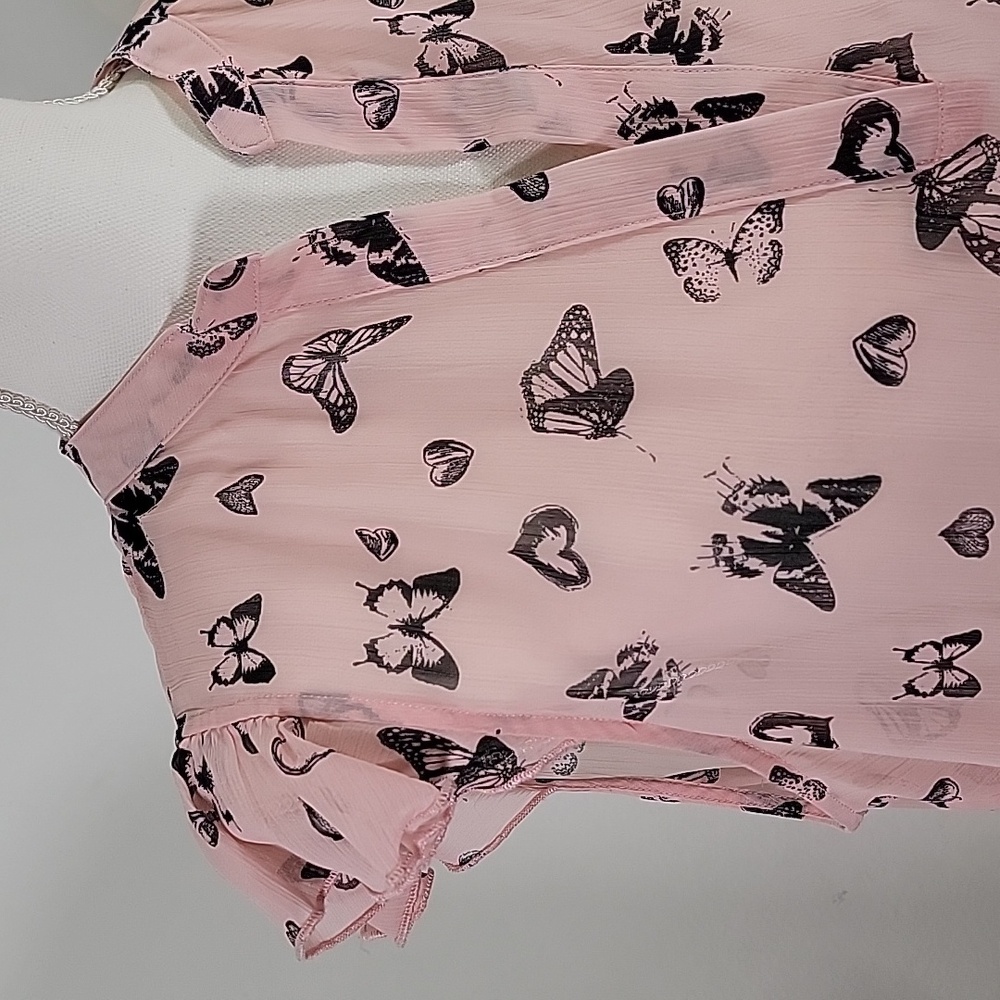 Womens Sheer Pink w/Black Butterflies High Low Ruffle Sleeve Top Size XL - Picture 4 of 14